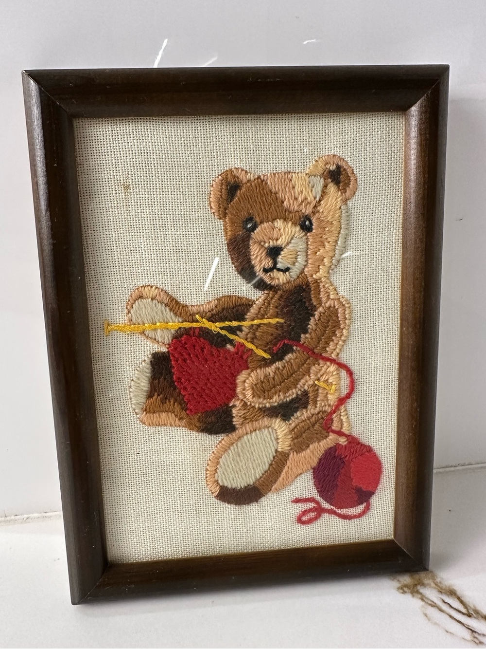 Vintage 1970s Teddy Bear Knitting Embroidered Crewel Framed Wall Art